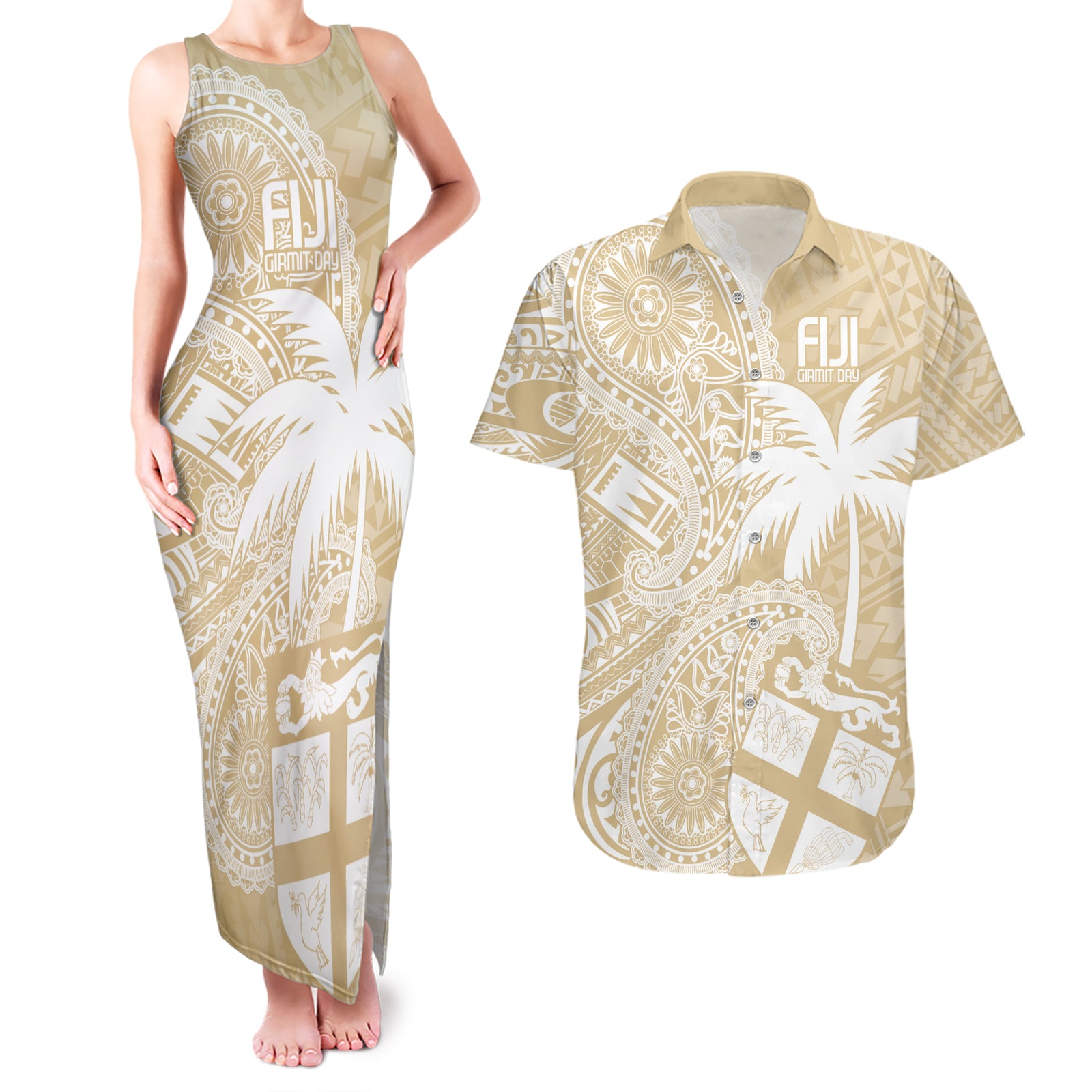 Custom Indo Fijians Couples Matching Tank Maxi Dress and Hawaiian Shirt Fiji ke Hindustani Polyneisan Paisley Beige Style