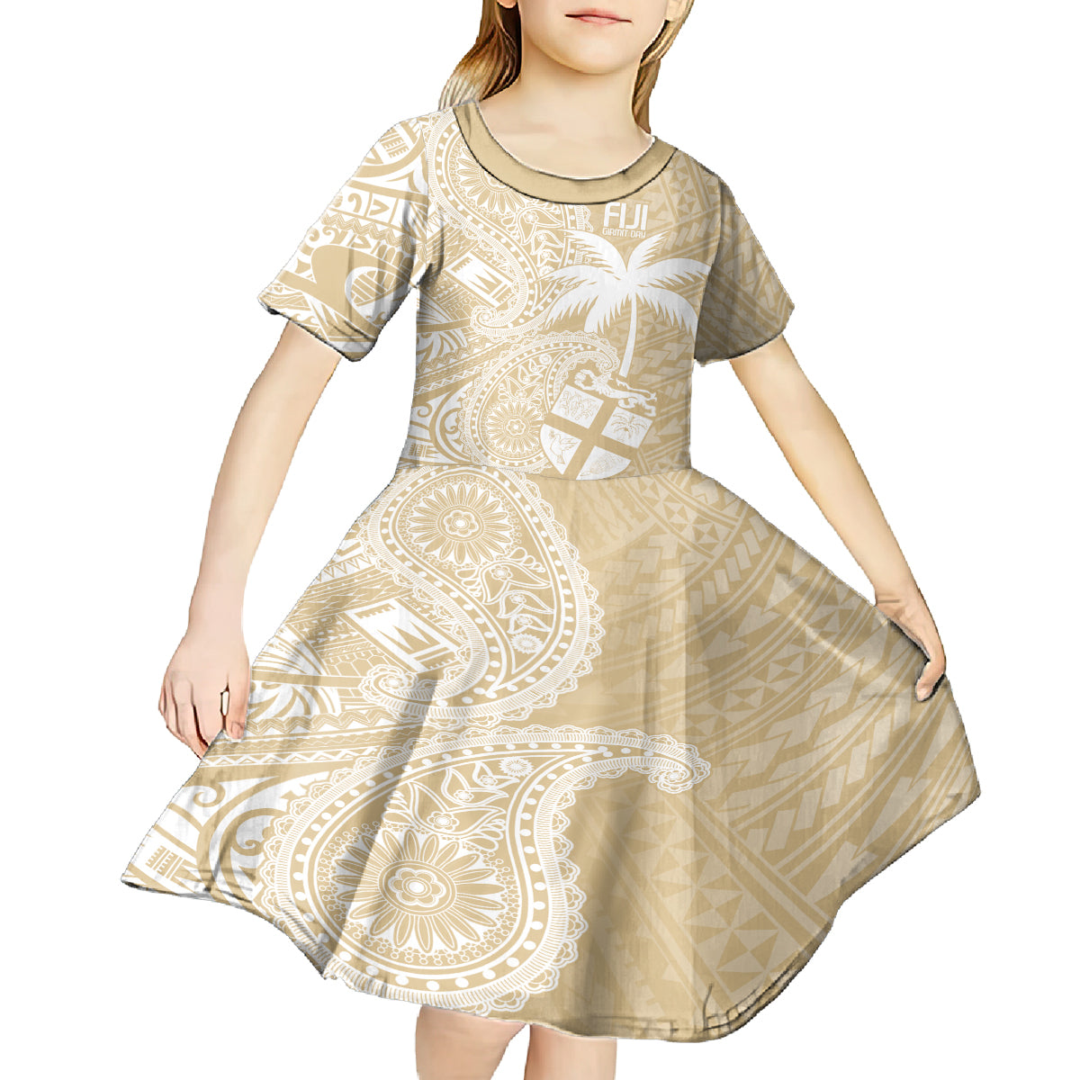 Custom Indo Fijians Kid Short Sleeve Dress Fiji ke Hindustani Polyneisan Paisley Beige Style
