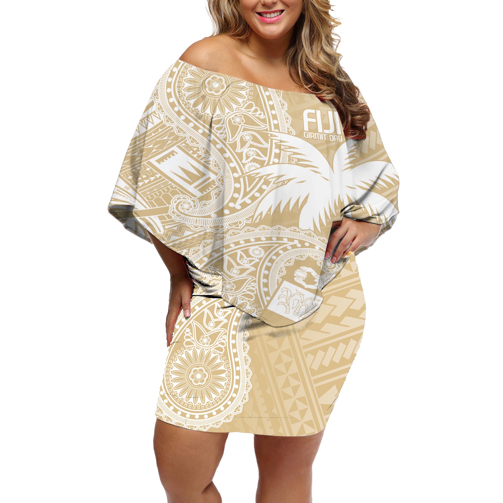 Custom Indo Fijians Off Shoulder Short Dress Fiji ke Hindustani Polyneisan Paisley Beige Style