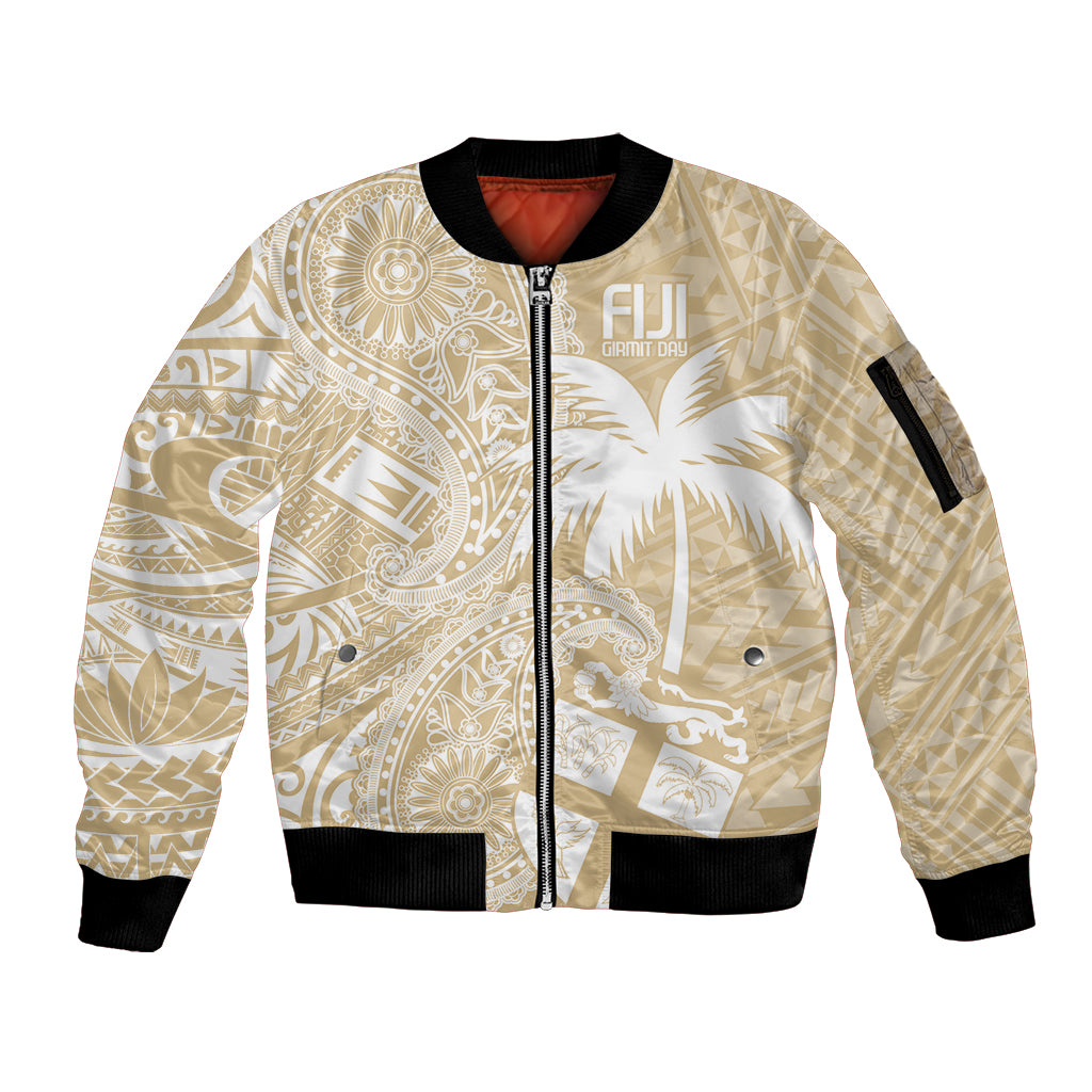 Custom Indo Fijians Sleeve Zip Bomber Jacket Fiji ke Hindustani Polyneisan Paisley Beige Style