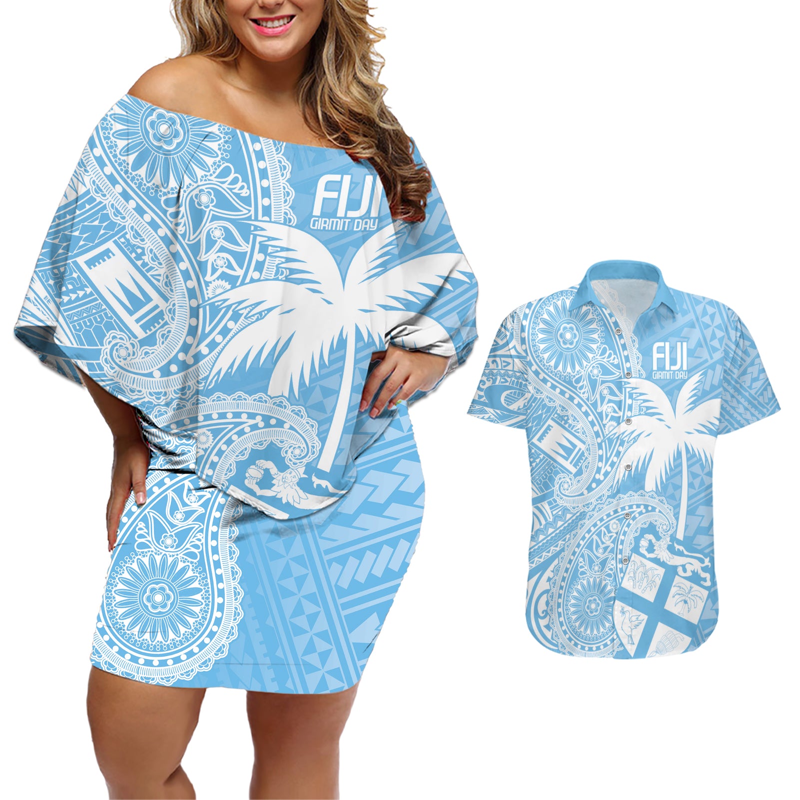 Custom Indo Fijians Couples Matching Off Shoulder Short Dress and Hawaiian Shirt Fiji ke Hindustani Polyneisan Paisley Blue Style