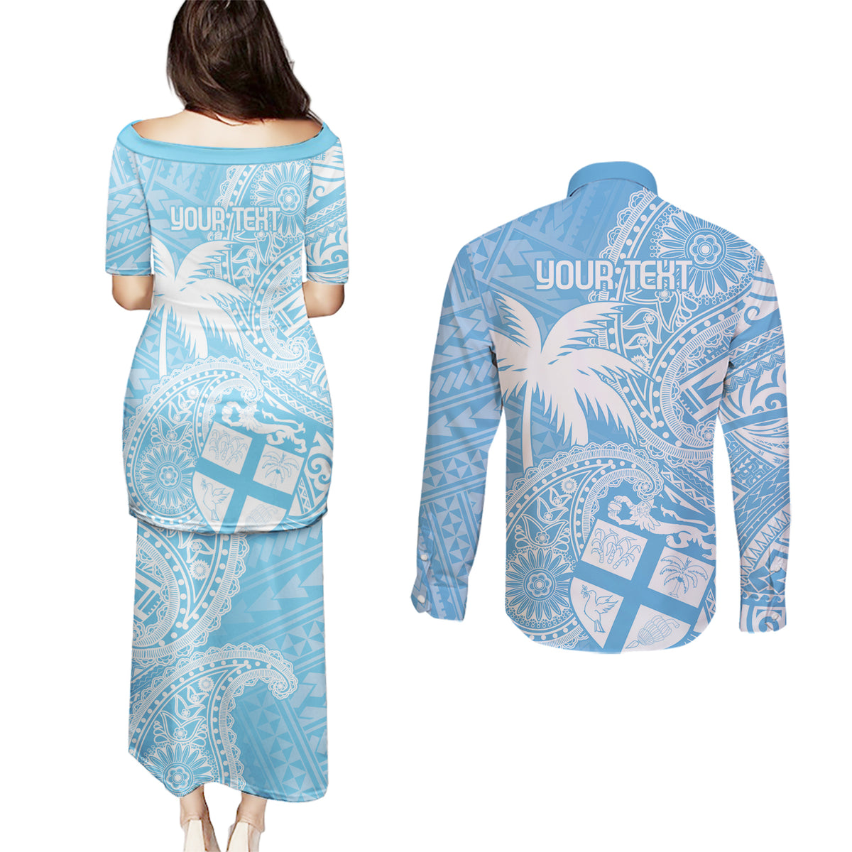 Custom Indo Fijians Couples Matching Puletasi and Long Sleeve Button Shirt Fiji ke Hindustani Polyneisan Paisley Blue Style