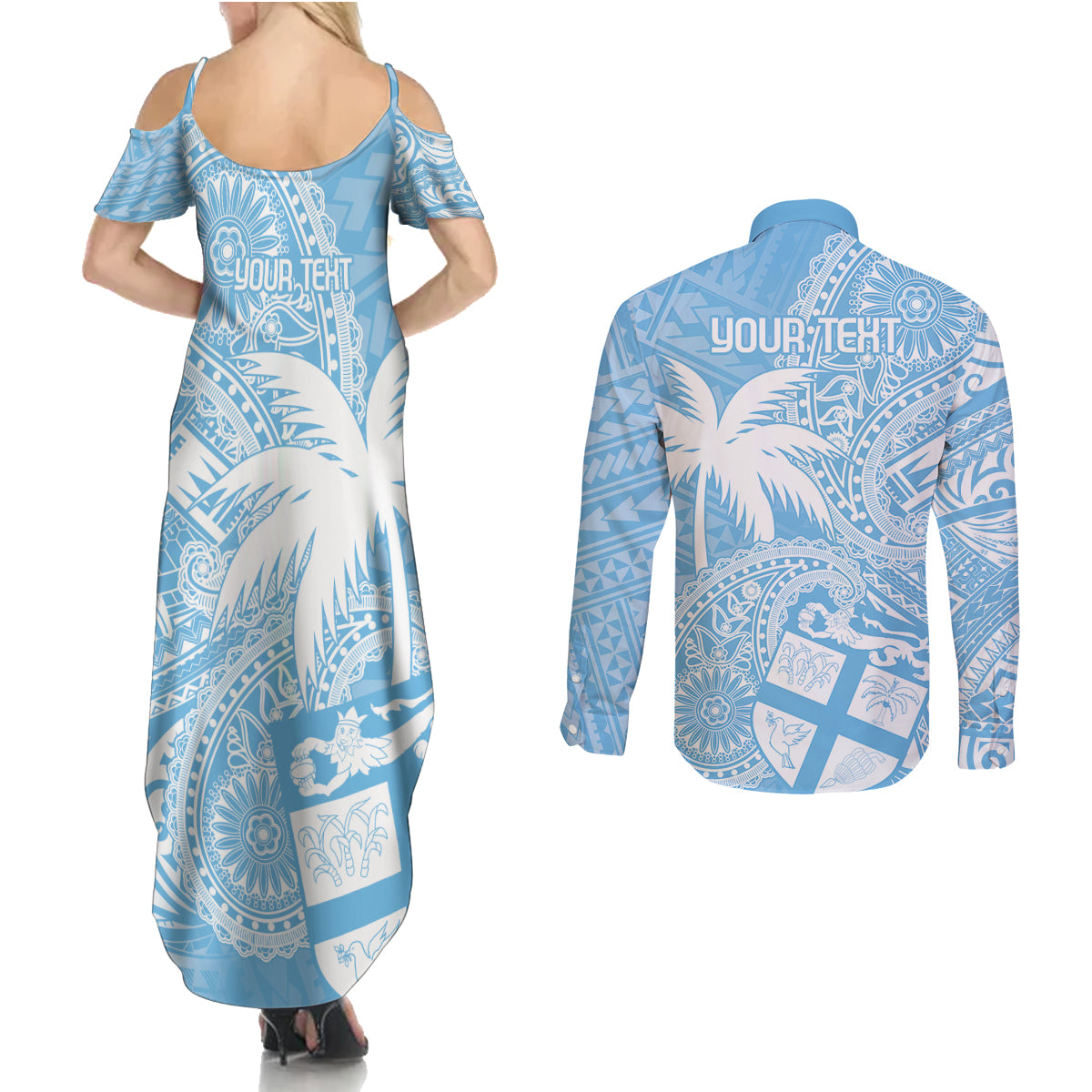 Custom Indo Fijians Couples Matching Summer Maxi Dress and Long Sleeve Button Shirt Fiji ke Hindustani Polyneisan Paisley Blue Style