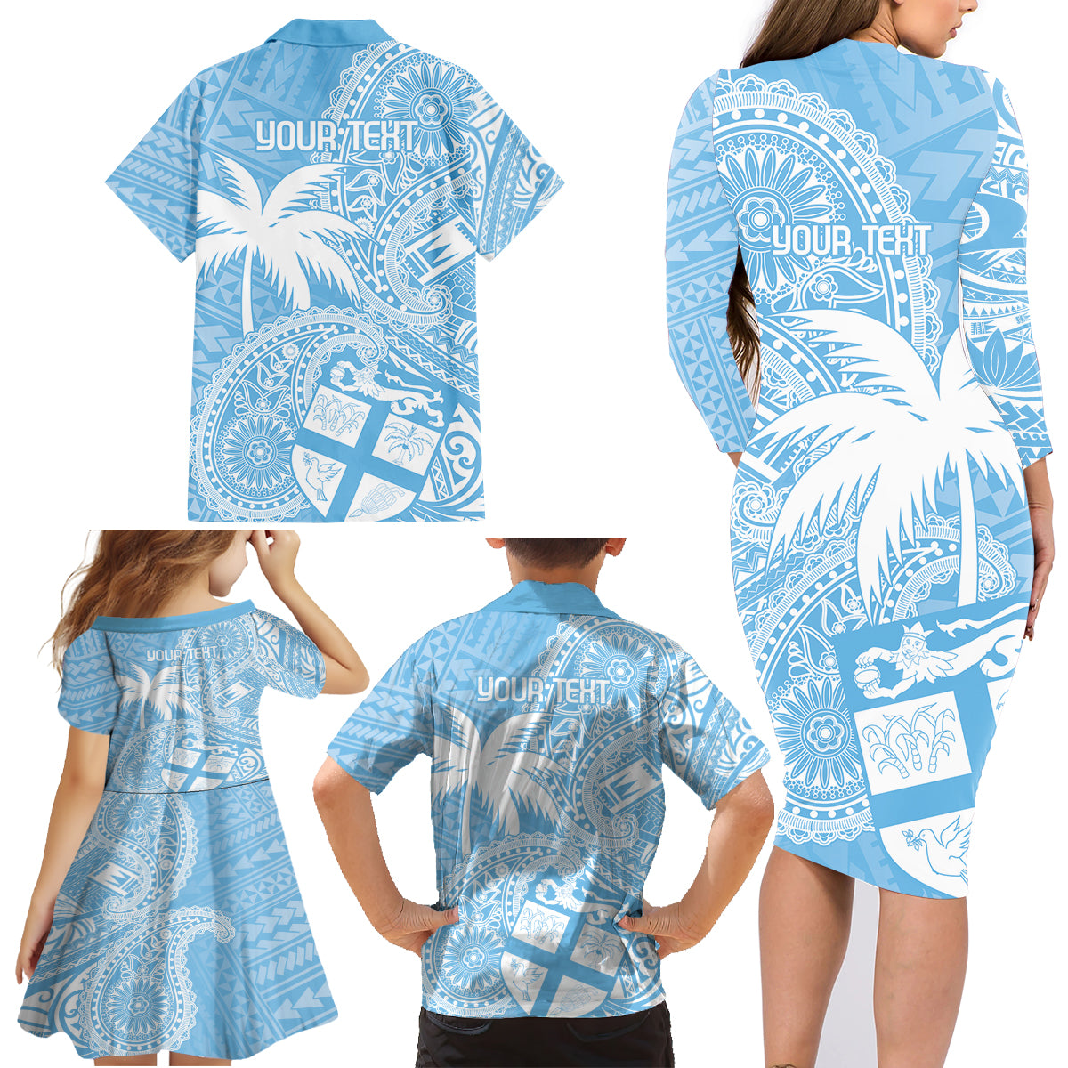 Custom Indo Fijians Family Matching Long Sleeve Bodycon Dress and Hawaiian Shirt Fiji ke Hindustani Polyneisan Paisley Blue Style