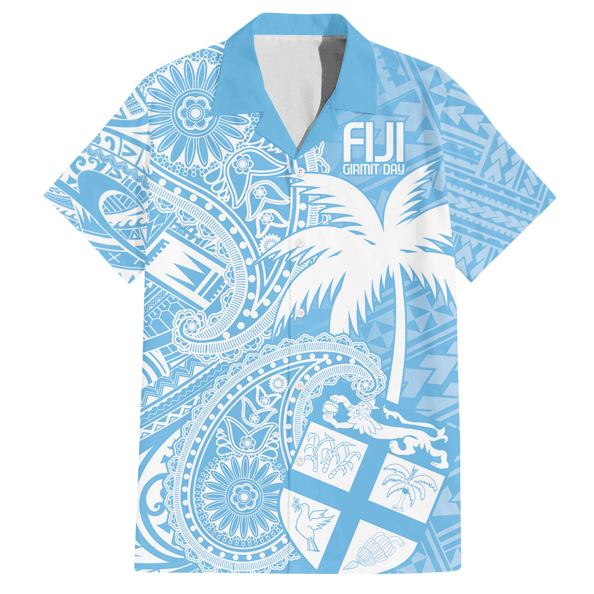 Custom Indo Fijians Family Matching Off The Shoulder Long Sleeve Dress and Hawaiian Shirt Fiji ke Hindustani Polyneisan Paisley Blue Style