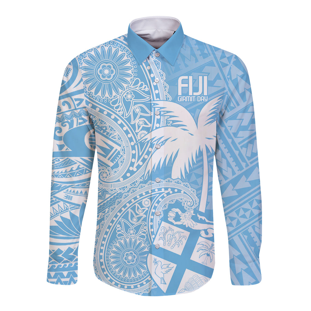 Custom Indo Fijians Long Sleeve Button Shirt Fiji ke Hindustani Polyneisan Paisley Blue Style