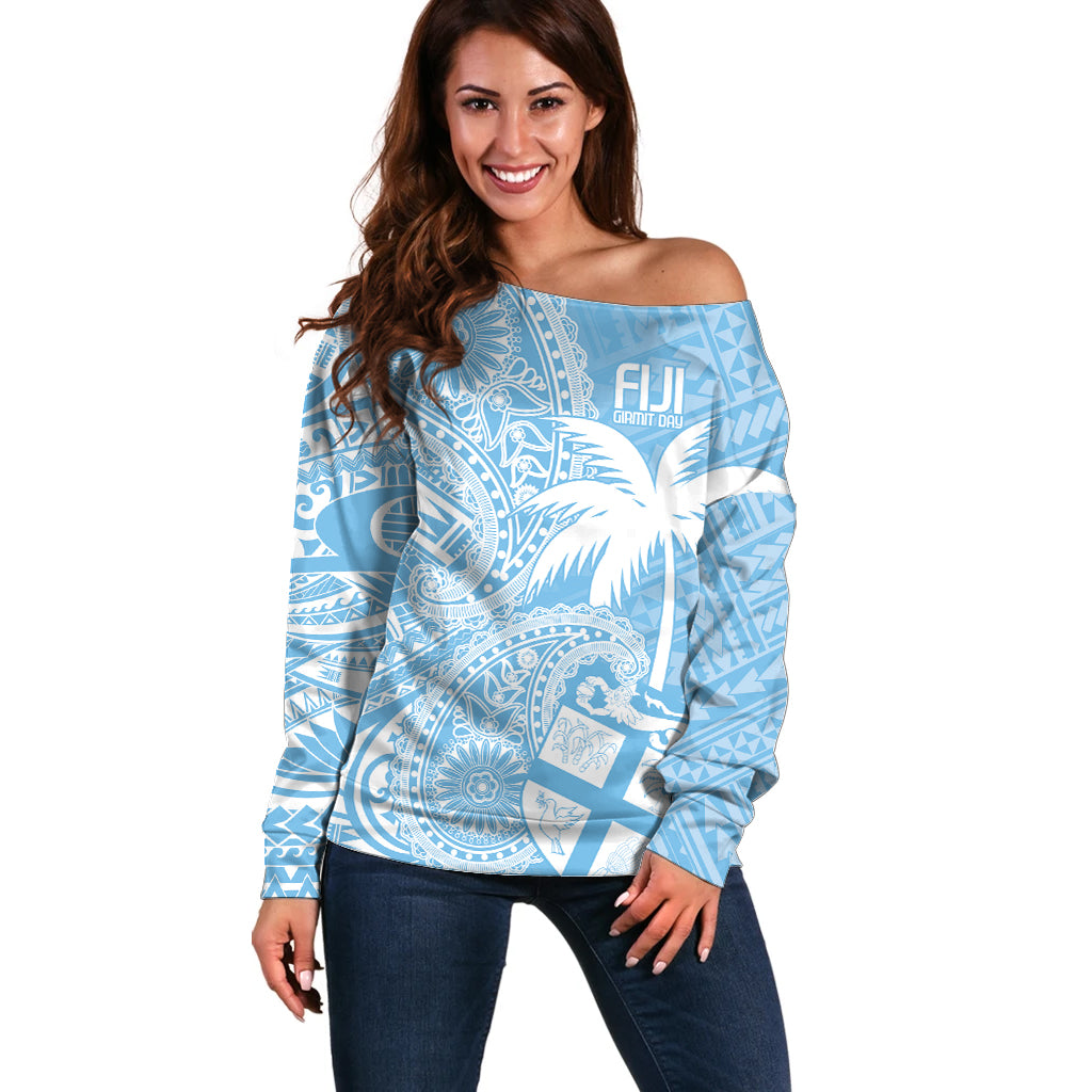 Custom Indo Fijians Off Shoulder Sweater Fiji ke Hindustani Polyneisan Paisley Blue Style