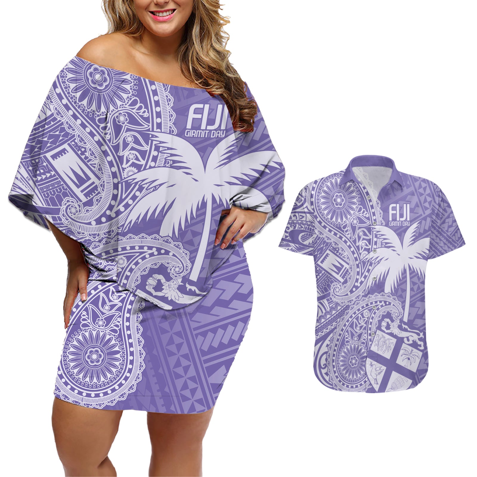 Custom Indo Fijians Couples Matching Off Shoulder Short Dress and Hawaiian Shirt Fiji ke Hindustani Polyneisan Paisley Purple Style