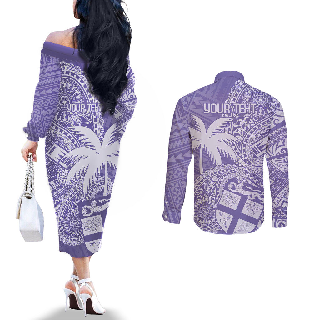 Custom Indo Fijians Couples Matching Off The Shoulder Long Sleeve Dress and Long Sleeve Button Shirt Fiji ke Hindustani Polyneisan Paisley Purple Style