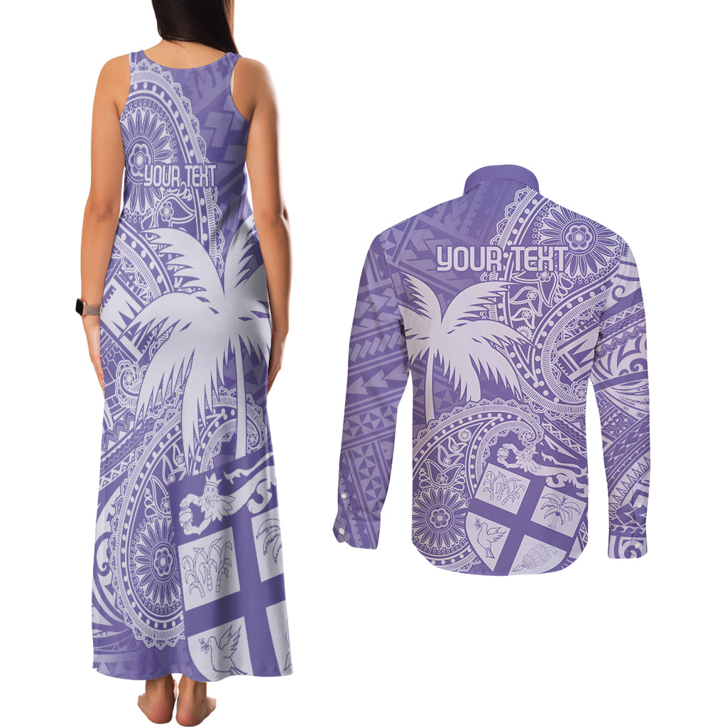 Custom Indo Fijians Couples Matching Tank Maxi Dress and Long Sleeve Button Shirt Fiji ke Hindustani Polyneisan Paisley Purple Style