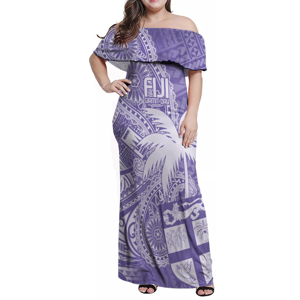 Custom Indo Fijians Family Matching Off Shoulder Maxi Dress and Hawaiian Shirt Fiji ke Hindustani Polyneisan Paisley Purple Style
