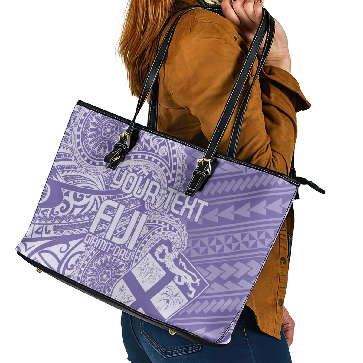 Custom Indo Fijians Leather Tote Bag Fiji ke Hindustani Polyneisan Paisley Purple Style