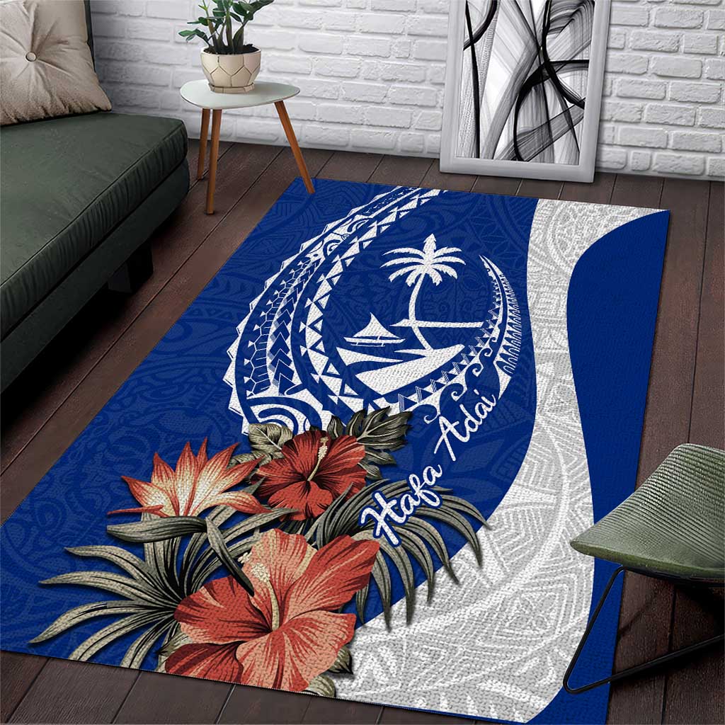 Blue Guam Hafa Adai Area Rug Tropical Flowers with Polynesian Pattern