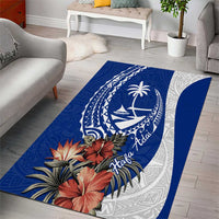 Blue Guam Hafa Adai Area Rug Tropical Flowers with Polynesian Pattern
