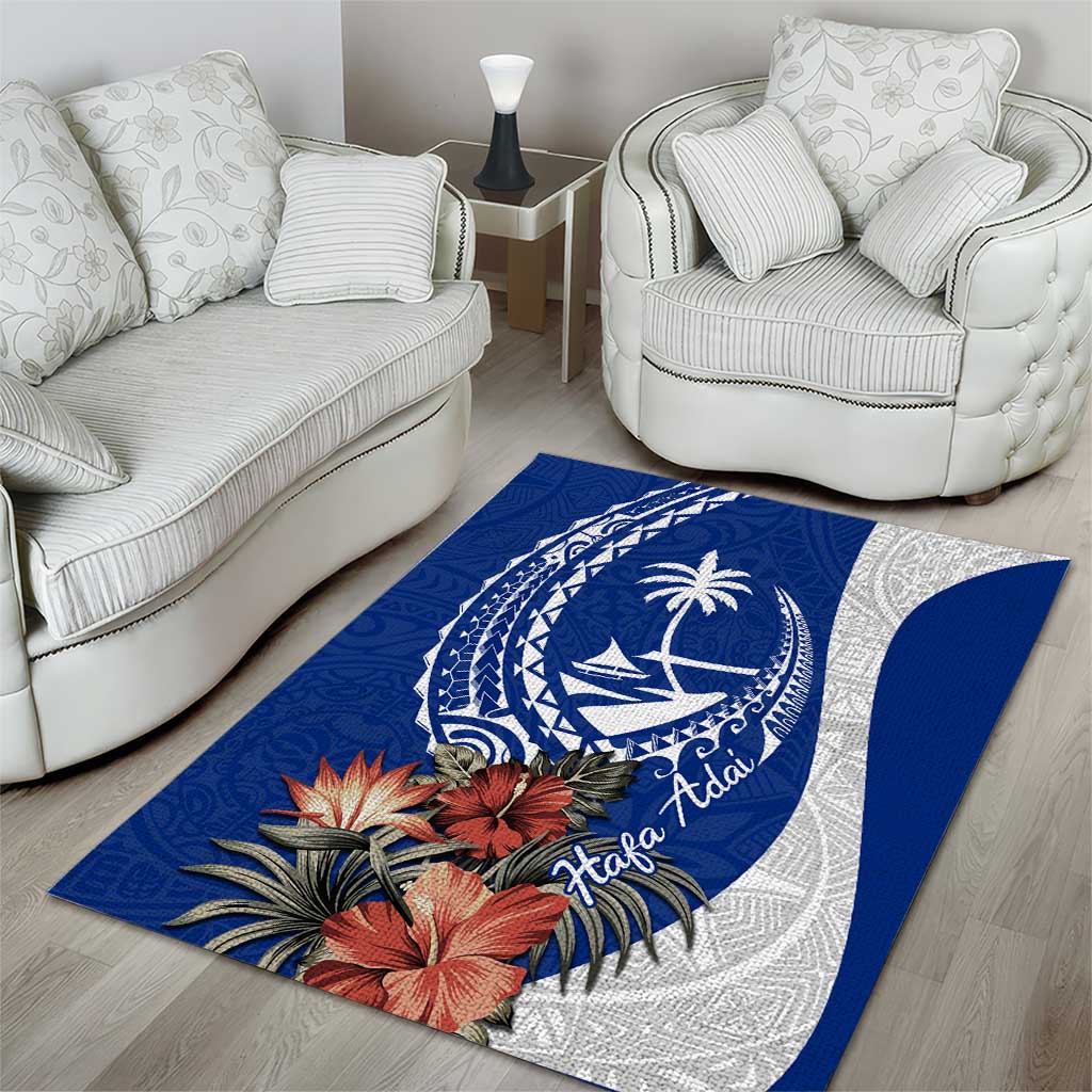 Blue Guam Hafa Adai Area Rug Tropical Flowers with Polynesian Pattern