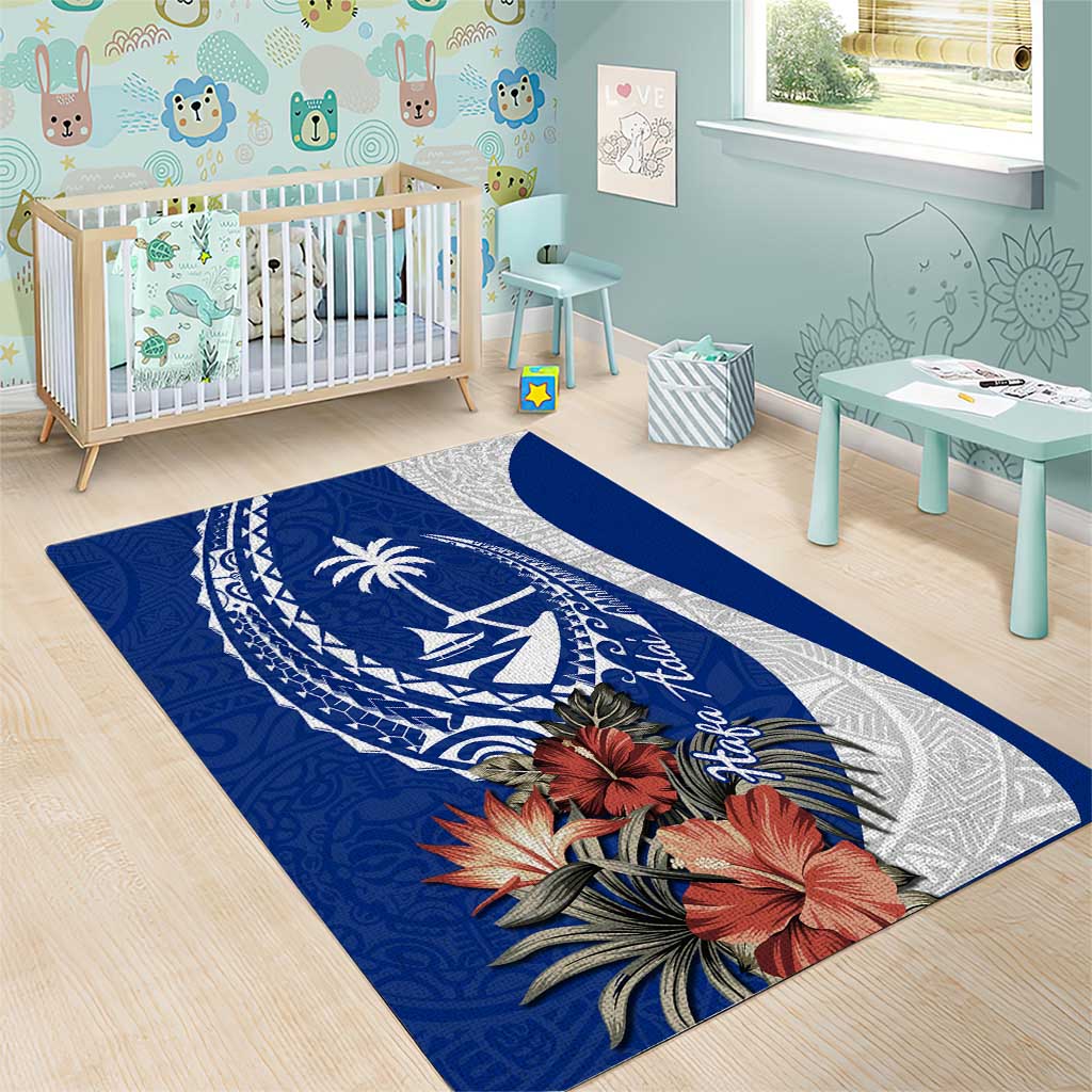 Blue Guam Hafa Adai Area Rug Tropical Flowers with Polynesian Pattern