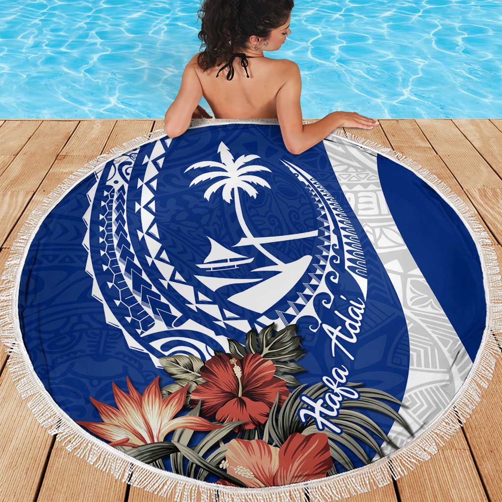 Blue Guam Hafa Adai Beach Blanket Tropical Flowers with Polynesian Pattern