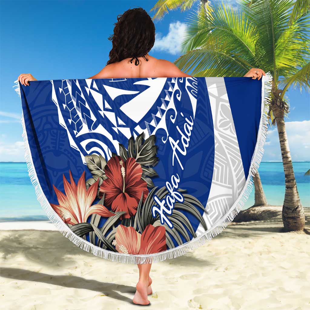 Blue Guam Hafa Adai Beach Blanket Tropical Flowers with Polynesian Pattern
