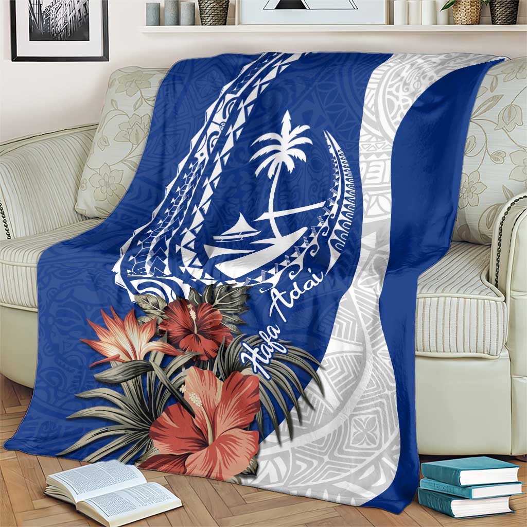 Blue Guam Hafa Adai Blanket Tropical Flowers with Polynesian Pattern
