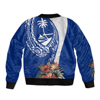 Blue Guam Hafa Adai Bomber Jacket Tropical Flowers with Polynesian Pattern