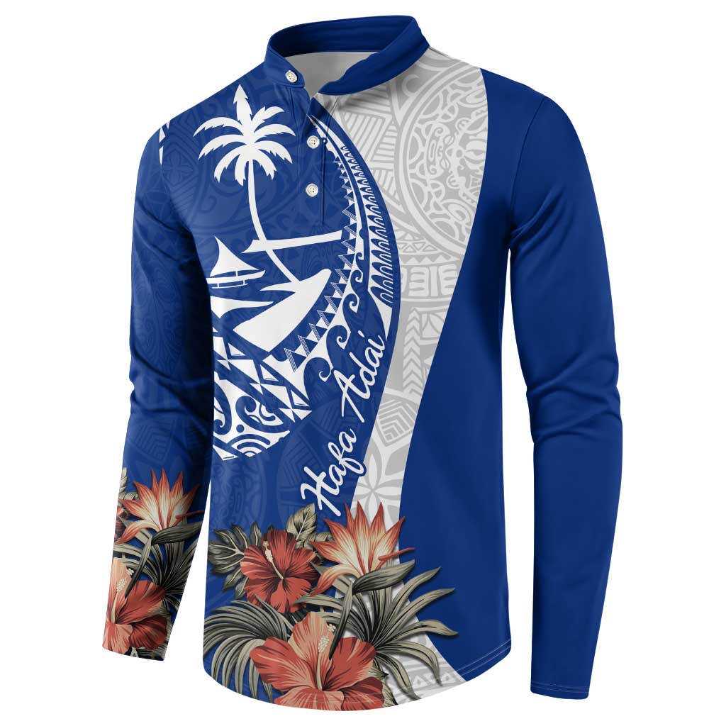 Blue Guam Hafa Adai Button Sweatshirt Tropical Flowers with Polynesian Pattern