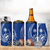 Blue Guam Hafa Adai 4 in 1 Can Cooler Tumbler Tropical Flowers with Polynesian Pattern