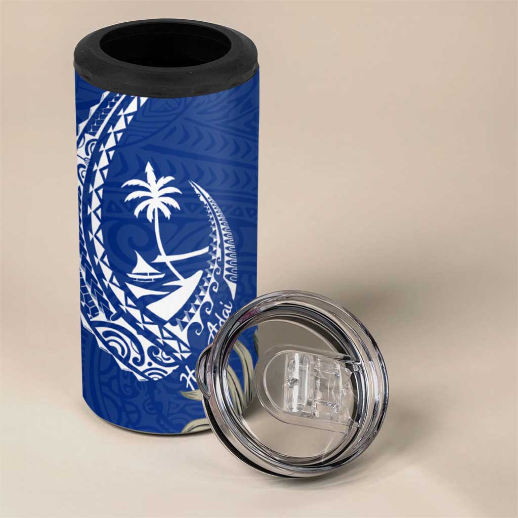 Blue Guam Hafa Adai 4 in 1 Can Cooler Tumbler Tropical Flowers with Polynesian Pattern