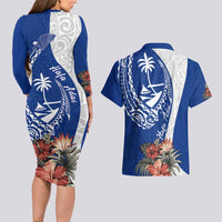 Blue Guam Hafa Adai Couples Matching Long Sleeve Bodycon Dress and Hawaiian Shirt Tropical Flowers with Polynesian Pattern