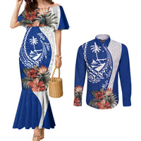 Blue Guam Hafa Adai Couples Matching Mermaid Dress and Long Sleeve Button Shirt Tropical Flowers with Polynesian Pattern