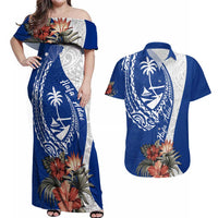 Blue Guam Hafa Adai Couples Matching Off Shoulder Maxi Dress and Hawaiian Shirt Tropical Flowers with Polynesian Pattern