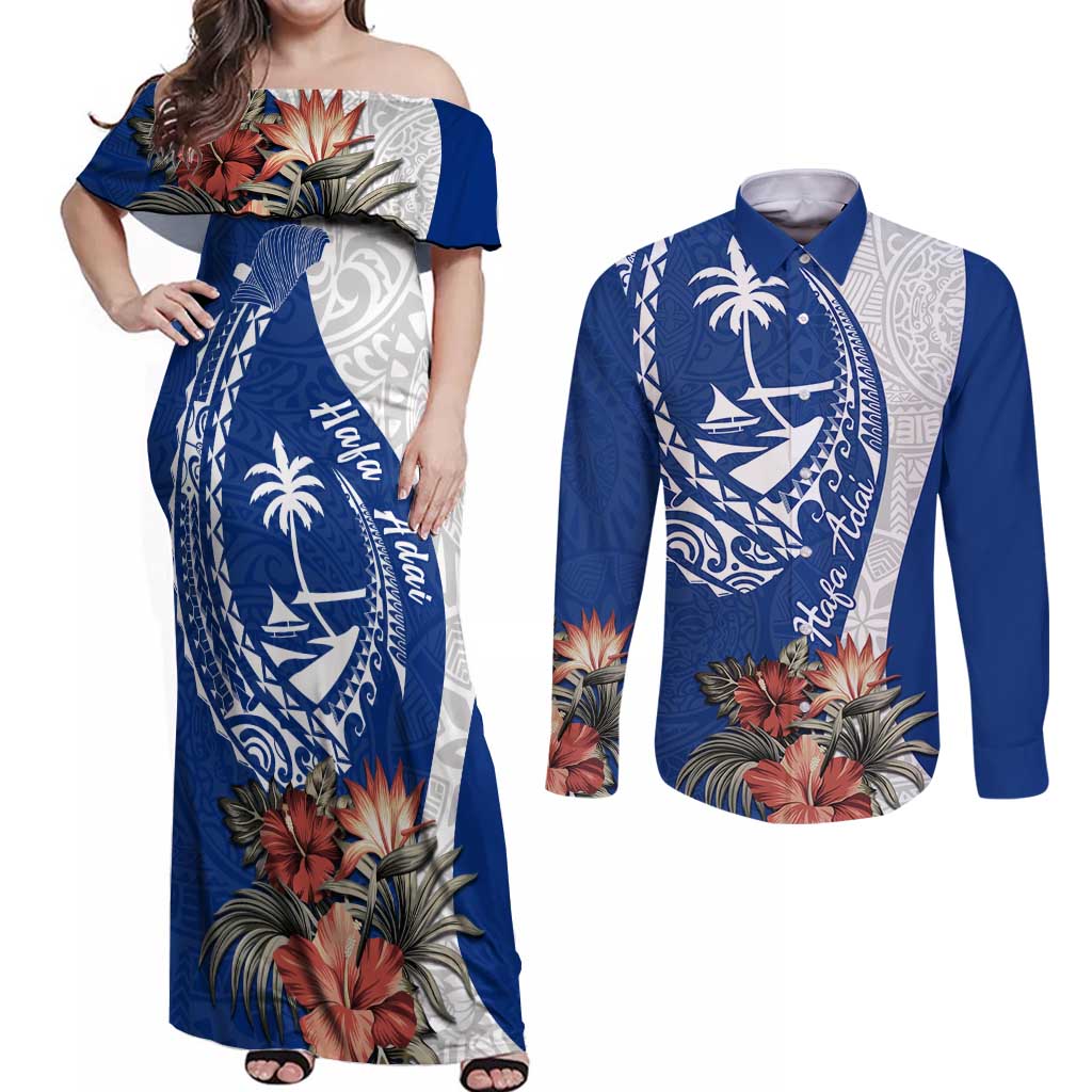 Blue Guam Hafa Adai Couples Matching Off Shoulder Maxi Dress and Long Sleeve Button Shirt Tropical Flowers with Polynesian Pattern