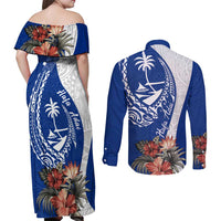 Blue Guam Hafa Adai Couples Matching Off Shoulder Maxi Dress and Long Sleeve Button Shirt Tropical Flowers with Polynesian Pattern