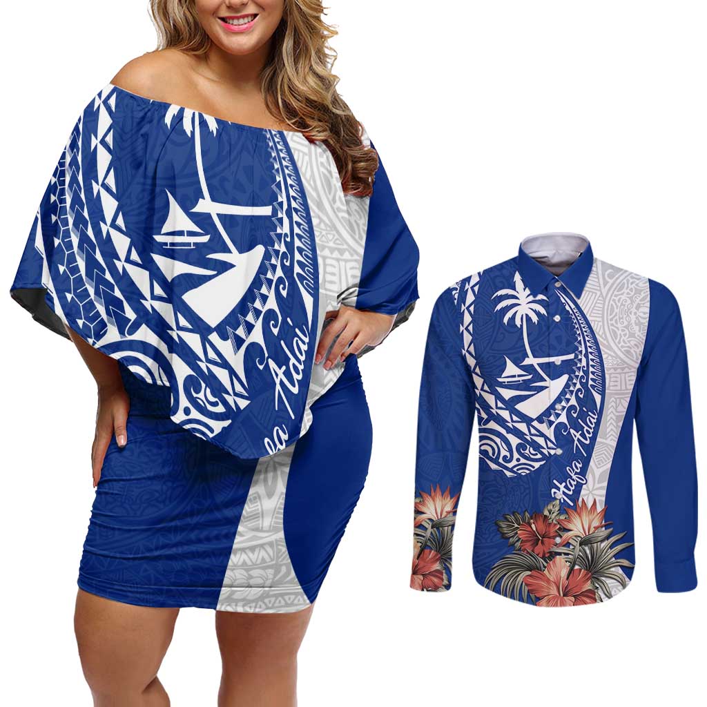 Blue Guam Hafa Adai Couples Matching Off Shoulder Short Dress and Long Sleeve Button Shirt Tropical Flowers with Polynesian Pattern