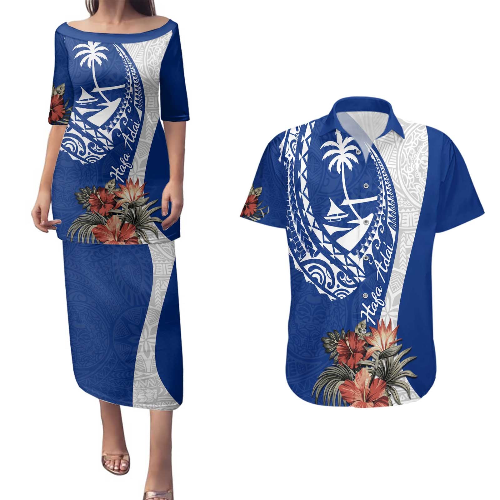 Blue Guam Hafa Adai Couples Matching Puletasi and Hawaiian Shirt Tropical Flowers with Polynesian Pattern