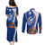 Blue Guam Hafa Adai Couples Matching Puletasi and Long Sleeve Button Shirt Tropical Flowers with Polynesian Pattern