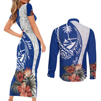 Blue Guam Hafa Adai Couples Matching Short Sleeve Bodycon Dress and Long Sleeve Button Shirt Tropical Flowers with Polynesian Pattern