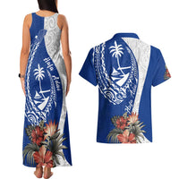Blue Guam Hafa Adai Couples Matching Tank Maxi Dress and Hawaiian Shirt Tropical Flowers with Polynesian Pattern