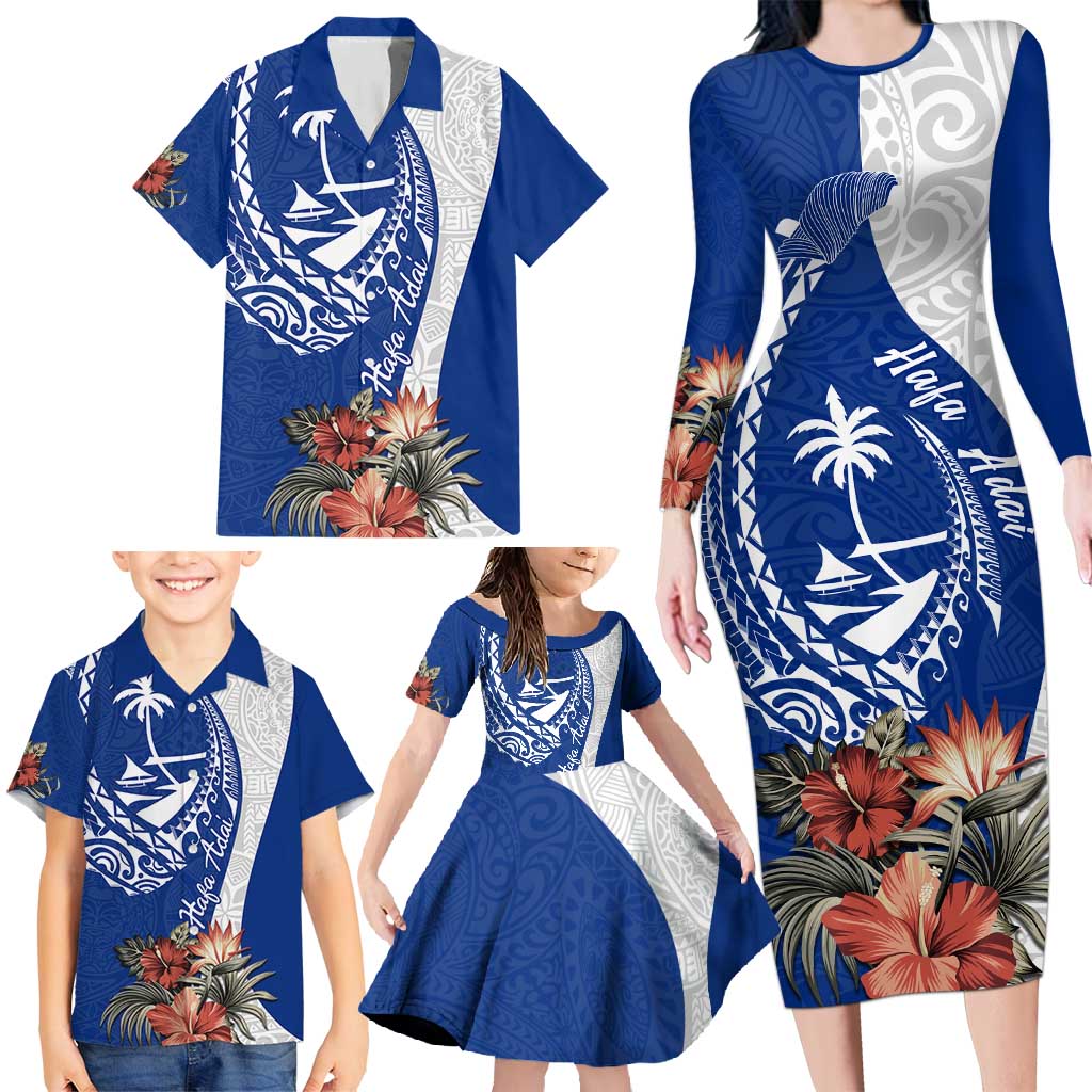 Blue Guam Hafa Adai Family Matching Long Sleeve Bodycon Dress and Hawaiian Shirt Tropical Flowers with Polynesian Pattern