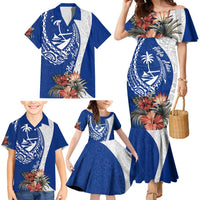 Blue Guam Hafa Adai Family Matching Mermaid Dress and Hawaiian Shirt Tropical Flowers with Polynesian Pattern