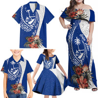Blue Guam Hafa Adai Family Matching Off Shoulder Maxi Dress and Hawaiian Shirt Tropical Flowers with Polynesian Pattern