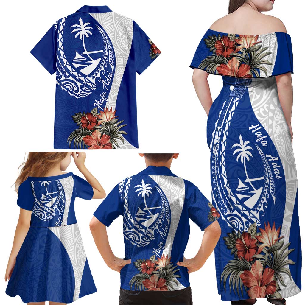 Blue Guam Hafa Adai Family Matching Off Shoulder Maxi Dress and Hawaiian Shirt Tropical Flowers with Polynesian Pattern