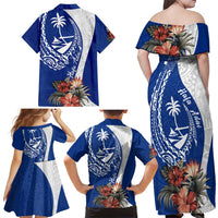 Blue Guam Hafa Adai Family Matching Off Shoulder Maxi Dress and Hawaiian Shirt Tropical Flowers with Polynesian Pattern
