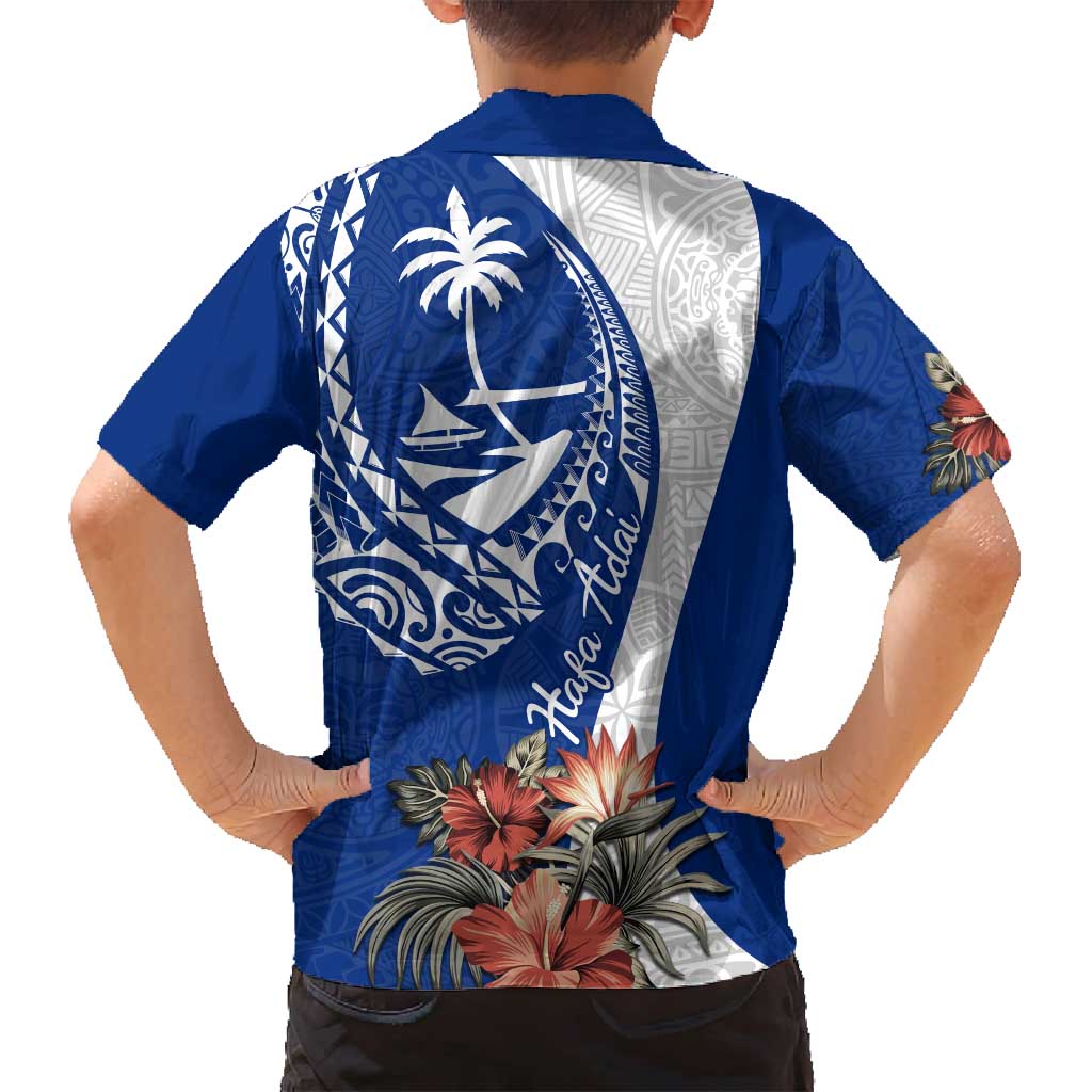 Blue Guam Hafa Adai Family Matching Off Shoulder Short Dress and Hawaiian Shirt Tropical Flowers with Polynesian Pattern