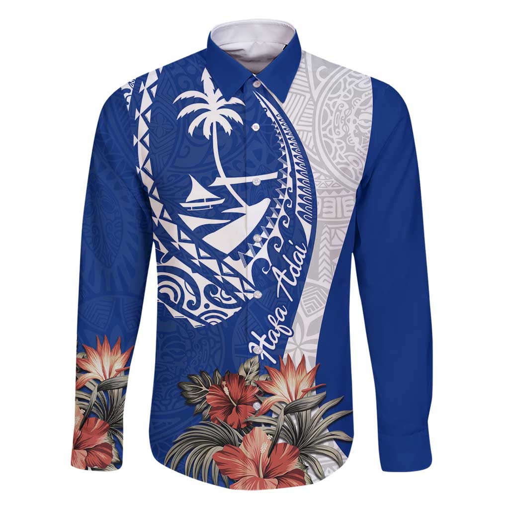 Blue Guam Hafa Adai Family Matching Off Shoulder Short Dress and Hawaiian Shirt Tropical Flowers with Polynesian Pattern