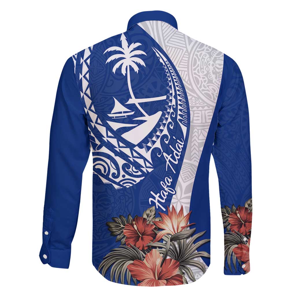 Blue Guam Hafa Adai Family Matching Short Sleeve Bodycon Dress and Hawaiian Shirt Tropical Flowers with Polynesian Pattern