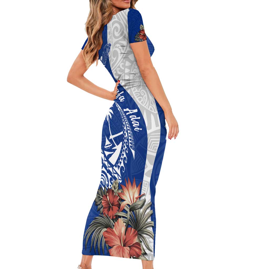Blue Guam Hafa Adai Family Matching Short Sleeve Bodycon Dress and Hawaiian Shirt Tropical Flowers with Polynesian Pattern