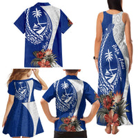 Blue Guam Hafa Adai Family Matching Tank Maxi Dress and Hawaiian Shirt Tropical Flowers with Polynesian Pattern