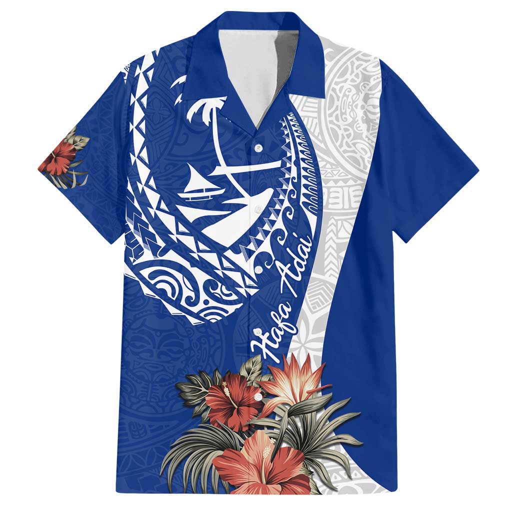 Blue Guam Hafa Adai Family Matching Tank Maxi Dress and Hawaiian Shirt Tropical Flowers with Polynesian Pattern