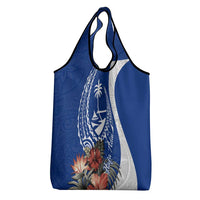 Blue Guam Hafa Adai Grocery Bag Tropical Flowers with Polynesian Pattern