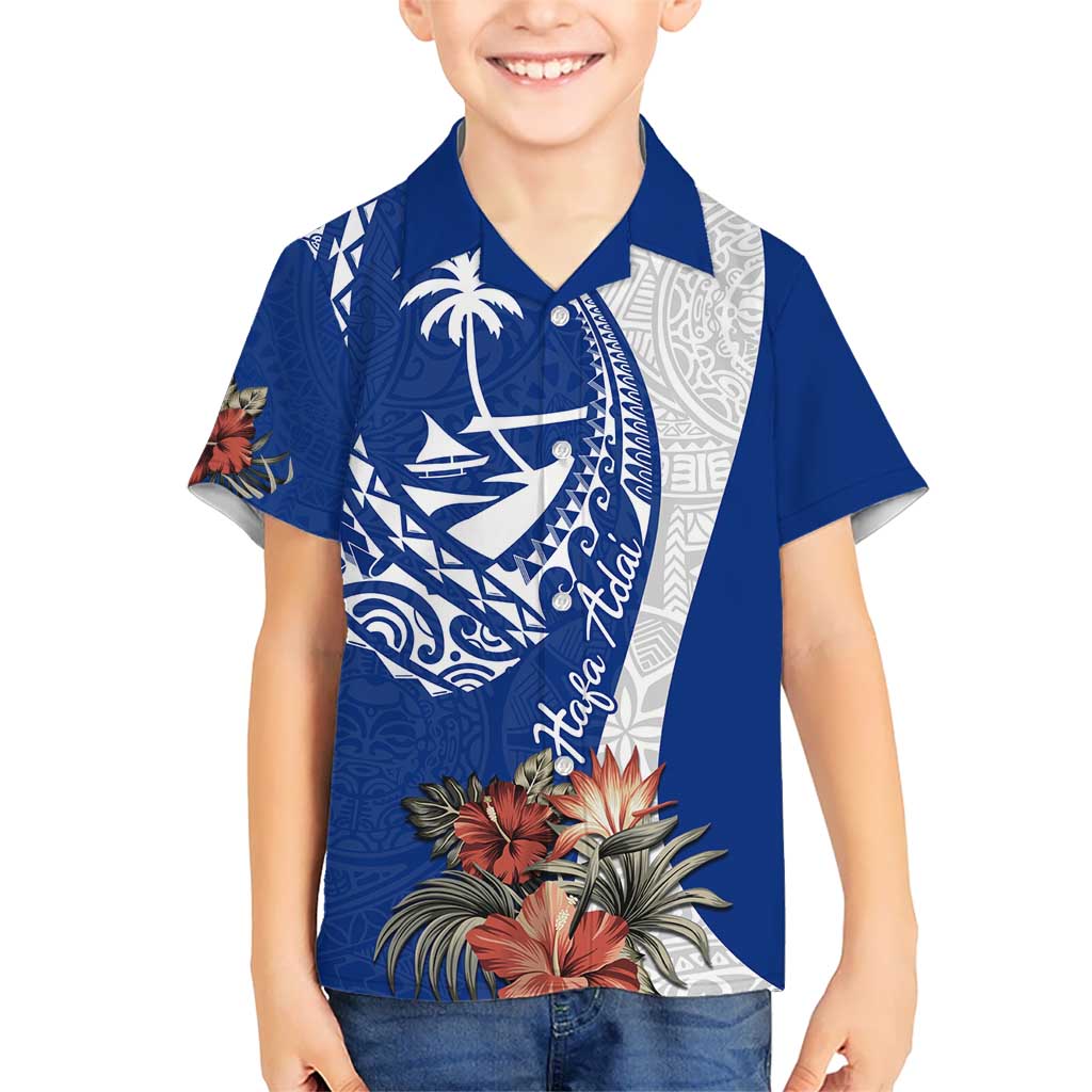 Blue Guam Hafa Adai Hawaiian Shirt Tropical Flowers with Polynesian Pattern